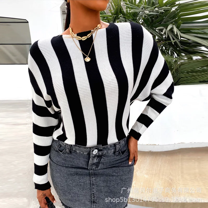

Mandylandy Striped Ladies Casual Sweater Women Autumn Sweaters Loose O-neck Pullovers Long Sleeve Knitted Jumpers