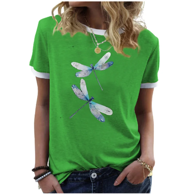 

Women Short Sleeve O-Neck Printed Tops Fashion Dragonfly Printed T-Shirts Casual T-Shirt Elegant Lady Pullover Tops 2021 New