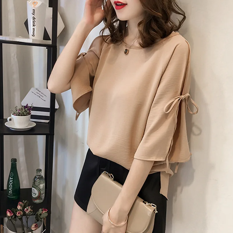 2019 Женская Корейская синяя рубашка Повседневная летняя новая шифоновая блузка