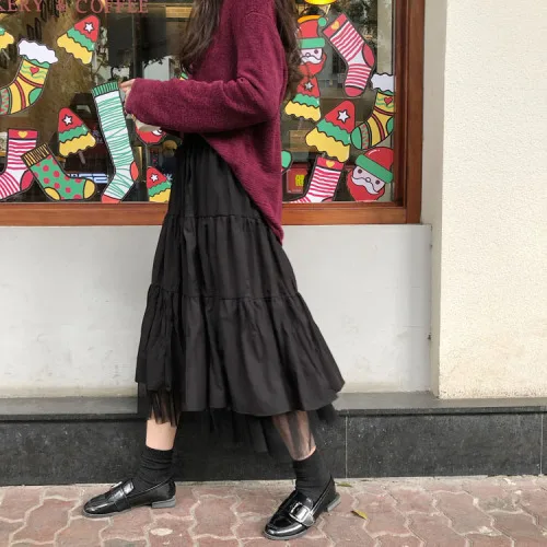 

Female Black White Gray Maxi Preppy Style Knitting Cotton Long Skirts Women 2021 Summer Elastic High Waist Mesh Tutu Pleated