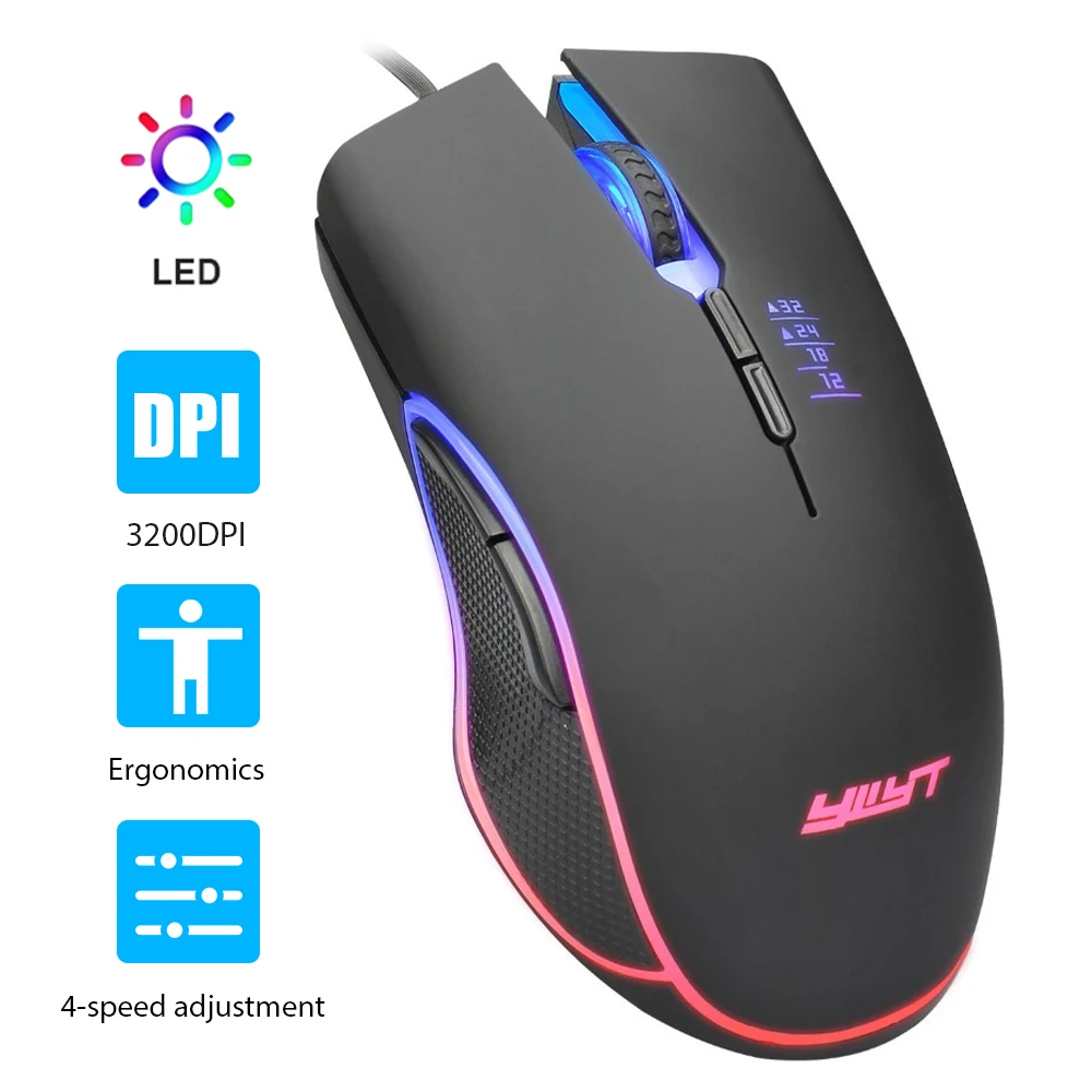 

YWYT G853 Wired Mouse USB Interface 3200DPI 7 Buttons Optical Ergonomic Gaming Mice with 4 Color Breathing Light