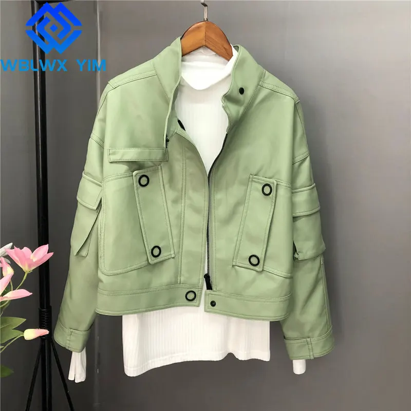 

Куртка из искусственной кожи высокого качества, женская модная мотоциклетная куртка с воротником-стойкой, женские свободные Куртки из иску...