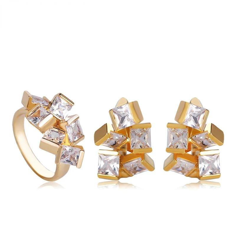 

Blucome Special Square Design Earrings Ring Jewelry Sets Personality Big Pure Cubic Zirconia Gold Color Brass brinco hippie