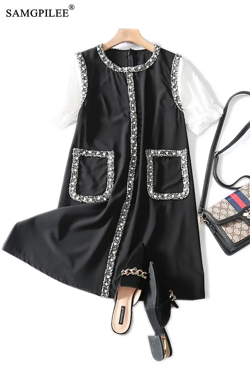 

Women Summer Sundress Casual Dress A-line Patchwork Plus Size Women Dress Appliques Puff Sleeve O-neck Dresses For Women 3XL