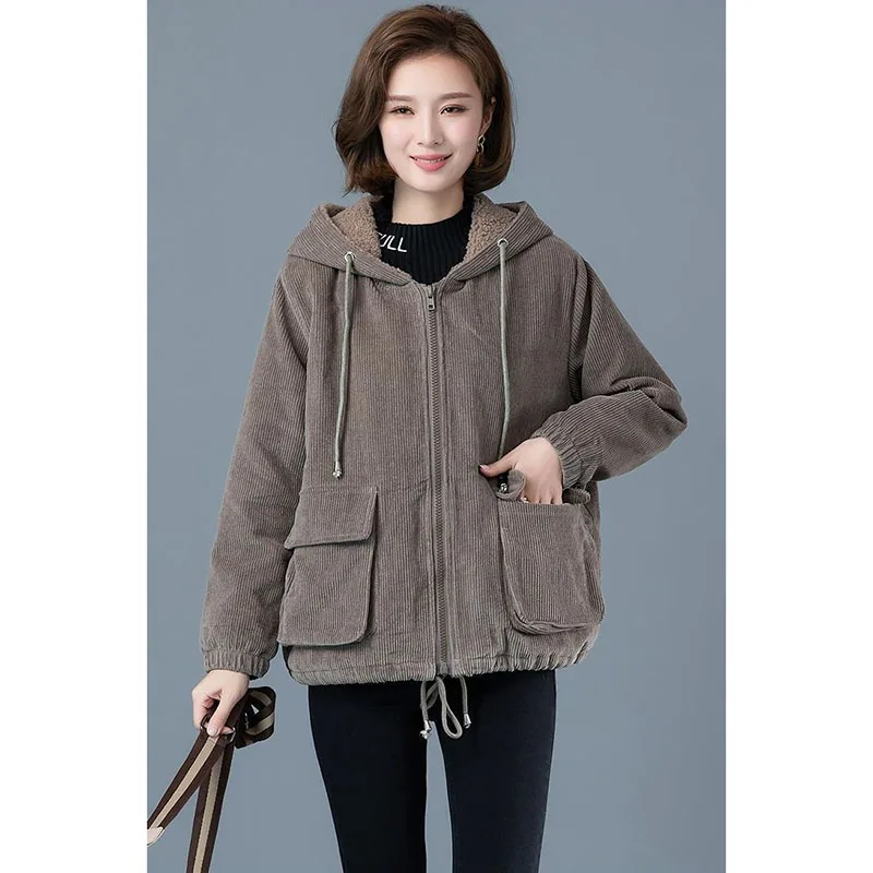 Женское вельветовое пальто с карманами Сезон осень-зима Большой размер Стеганая