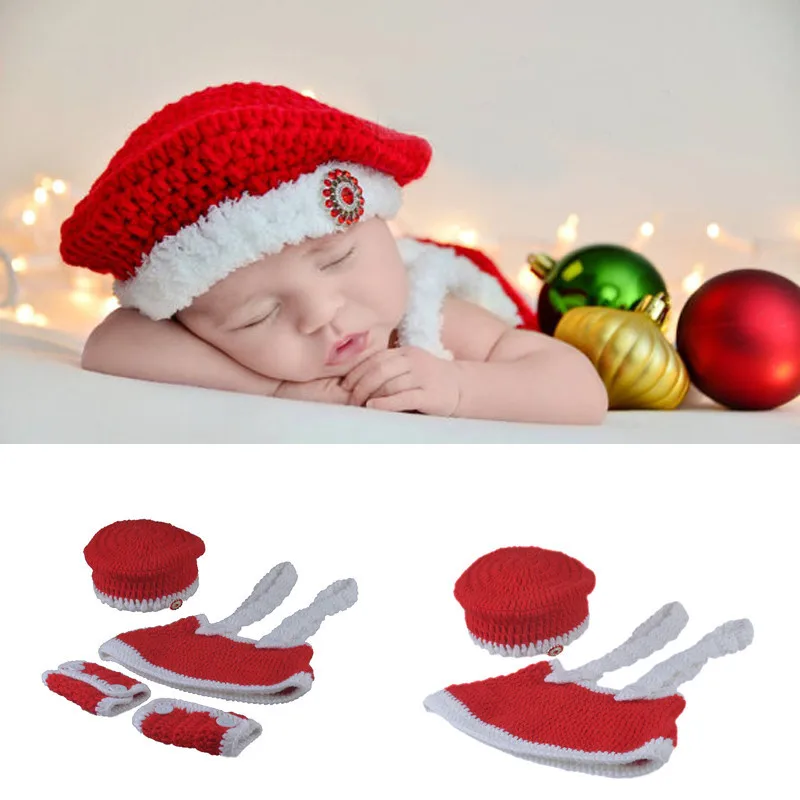 

Милый вязаный крючком Рождественский головной убор для новорожденных детей реквизит для фотосъемки Санта-Клаус Костюм для маленьких мальч...