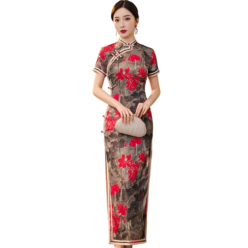 

2021 Spring and Summer New Long Printed Silk Cheongsam Retro Daily Stand-up Collar Improved Cheongsam Chinese Dress Qipao