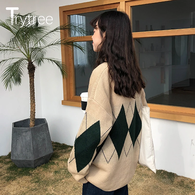 Trytree 2019AW Women Casual Sweater V-Neck Cardigans Single Breasted Computer Knitted Acrylic Long Sleeve Loose Tops |