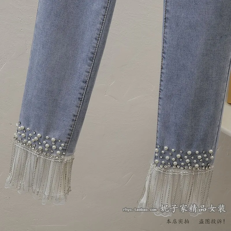 

2021 Korean Fashion Diamond Beaded Chain Lace Stitching Denim Pants High Waist Slimming Jeans Straight Denim Trousers Women