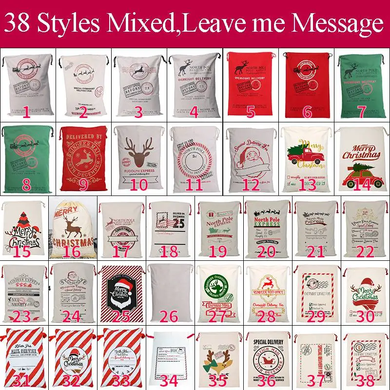 Saco de Pap&aacute; Noel de 44 estilos, mezcla de 60 unids/lote, bolsa de regalo con cord&oacute;n, bolsa de tira roja de lona Xmaxs, env&iacute;o r&aacute;pido-0