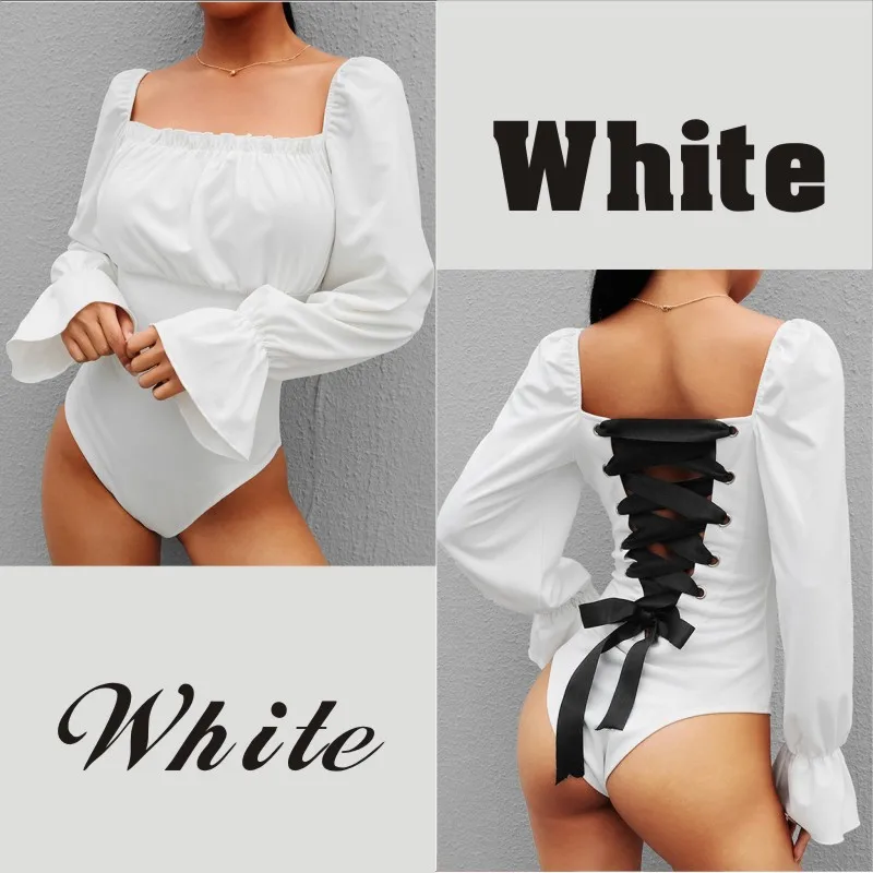 Женское боди с квадратным вырезом винтажное черное на шнуровке сзади оборками