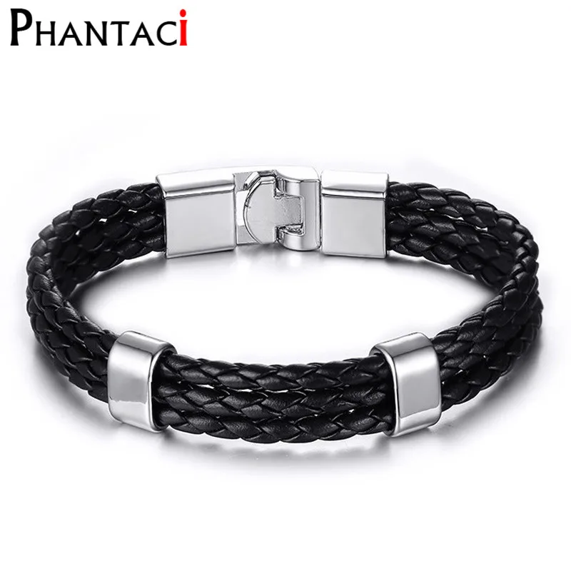 Высокое качество мужской черный кожаный браслет металлический обертывающийся
