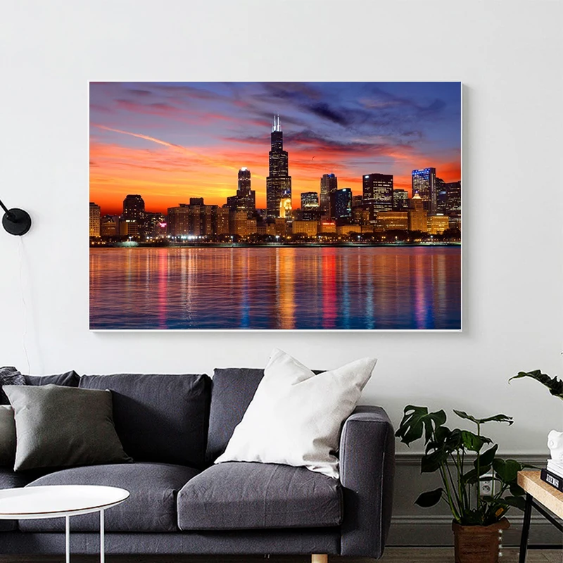 

Skyline of Chicago Canvas Art Prints Night View City Posters and Prints Canvas Painting for Bedroom Cuadros Decor Unframed