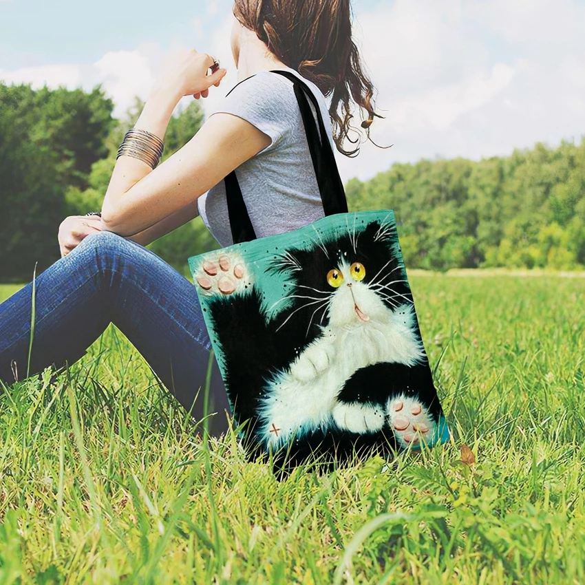 

Outdoor Casual Tote colorful Cat painting printed Tote Bag For Women Foldable Shopping Bag Linen Faric Bag Ladies Shoulder Bag