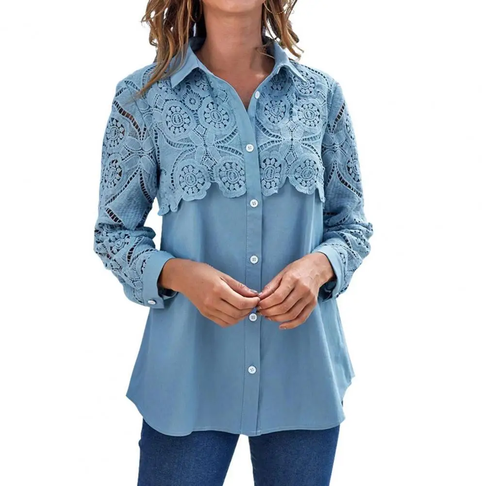 

Женская Осенняя рубашка 2021, женская рубашка с отложным воротником и длинным рукавом, свободная однотонная офисная рубашка с кружевной стро...