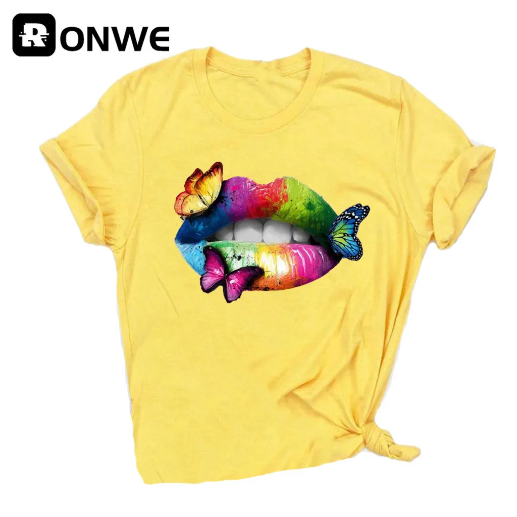 Черная футболка с коротким рукавом и принтом радужных губ бабочек винтажный топ