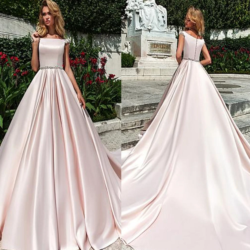 

Scoop Short Sleeves Satin A-Line Wedding Dresses Lace Appliques Bridal Gowns Custom Made Formal Long Vestidos De Mariee Cheap