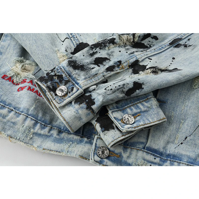 

OHWNTOP Hip Hop Graffiti Denim Jackets Mens Casual Distressed Punk Rock Jeans Jacket Coat Streetwear Fashion Male Tops Outwear