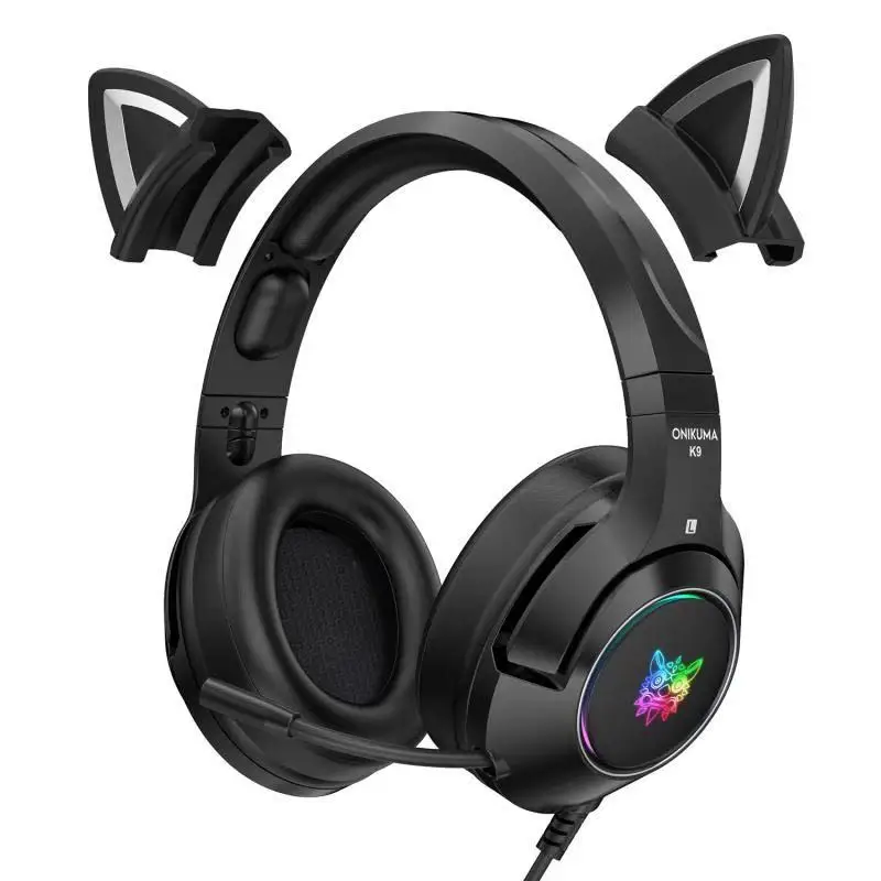 Online Neue Produkt K9 Rosa Katze Ohr Nette Mädchen Gaming Headset Mit Mic ENC Noise Reduction HiFi 7,1 Kanal RGB Wired Kopfhörer