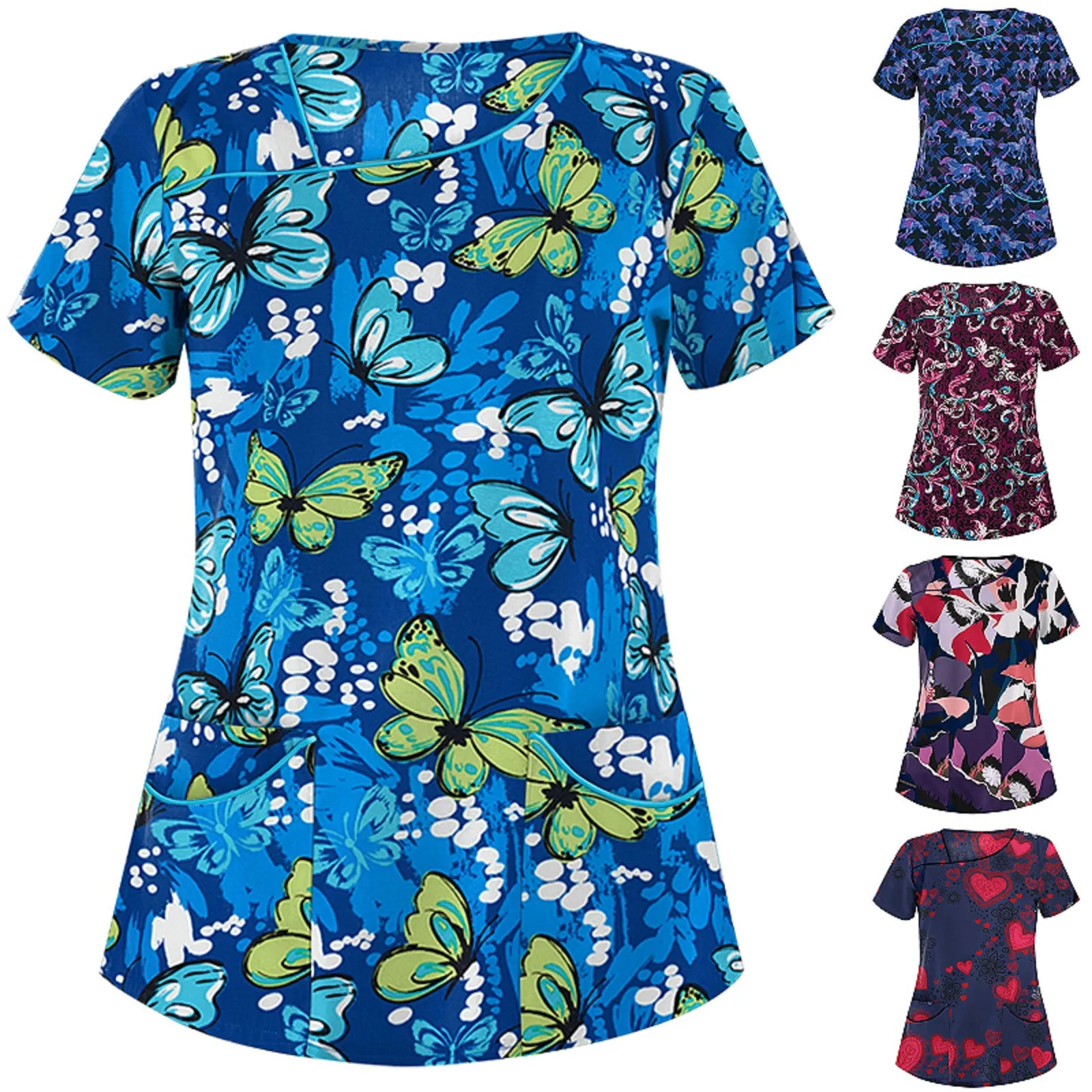 Женская футболка с коротким рукавом V-образным вырезом и принтом бабочек - купить