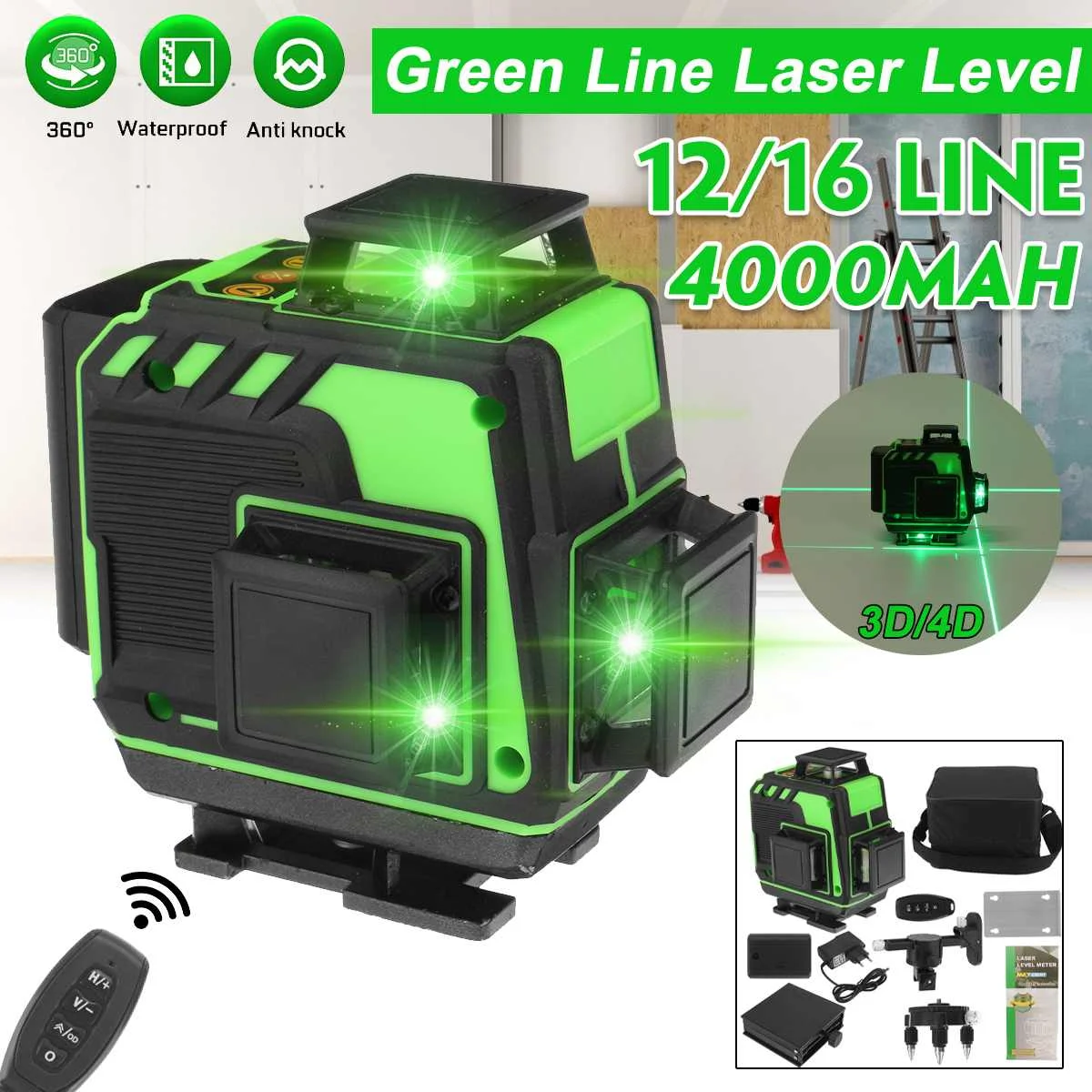 

4D 16/12 Lines Green Laser Level 360° Horizontal Vertical Cross Lines Laser Levels With Auto Self Leveling Super Powerful