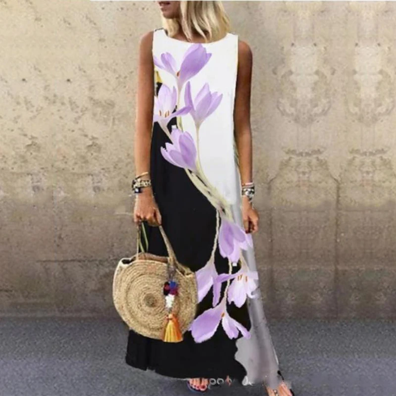

Sundress Women Summer Dress 2020 Print Floral Dress Midi Plus Size Casual Linen Loose Sleeveless printed Long Maxi Dress