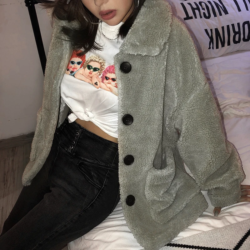 green WannaThis/Зимние плюшевые пальто для женщин, пальто из искусственного меха, плюшевая куртка Медвежонок на пуговицах, Толстая теплая флисовая куртка, пушистые куртки, пальто - Цвет: green