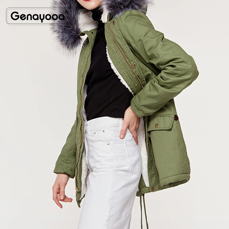 Genayooa теплое зимнее пальто Для женщин русский парка Зима карманы офис плюс