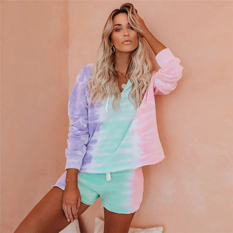 

Women Casual Tie-dye 2 Piece Outfit Tie-dye Long Sleeve Hooded Top + High Waist Short Sets Loose Sets
