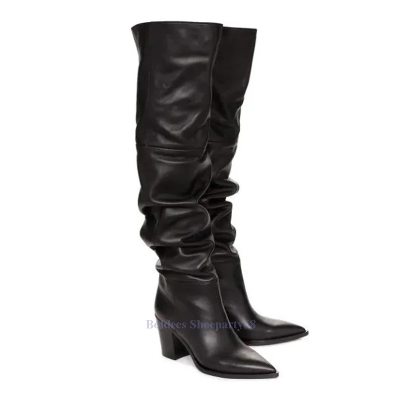 

7cm Heeled Black Leather Pointed Toe Over The Knee Sexy Chunky Heeled Woman Thigh High Boots High Heel Long Botas Plus size
