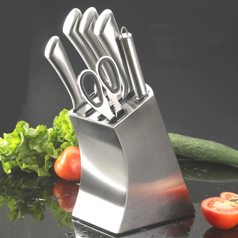 

Stainless Steel 6 Holes Kitchen Knife Set Stand Sharpener Holder Fruit Knives Accessories Bottom Drain Ventilation Storage