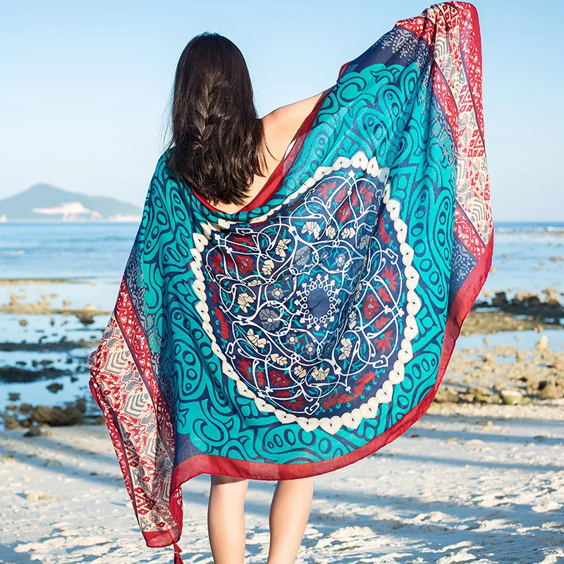 

2021 Autumn and Winter New Bohemian Ethnic Style Fringed Cotton and Linen Scarf Female Travel Sunscreen Shawl 90cmx180cm