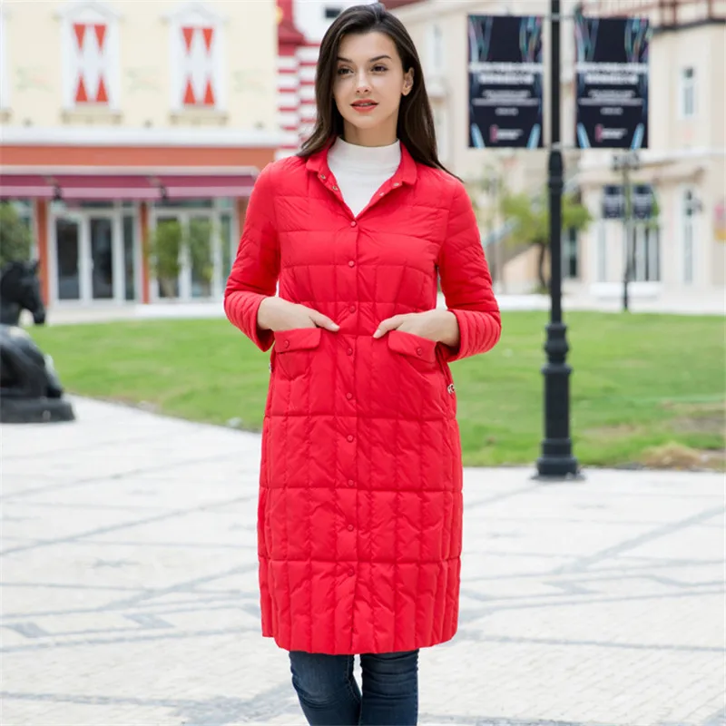 Красный Осенне-зимний женский тонкий пуховик на шнурке ультра легкие куртки на утином пуху парка Женская Длинная Верхняя одежда Пальто Плюс Размер AB1602 - Цвет: Красный