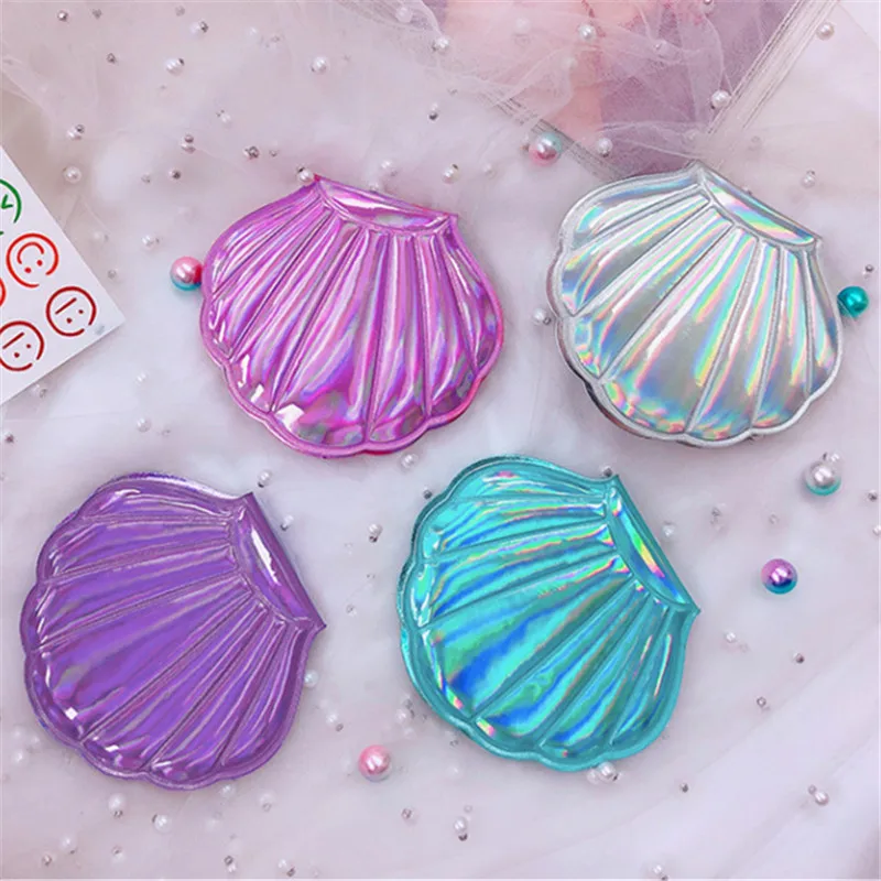 CX21 Shell Shape Makeup Mirror 2X Magnifying Mirror Portable Makeup Vanity Foldable Laser Pocket Mirror Cosmetic Hand Compact