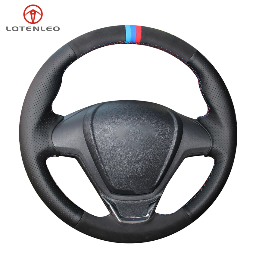 

LQTENLEO Black Suede Leather Steering Wheel Cover For Ford Fiesta 2008-2016 Figo 2012-2014 Ecosport 2013-2017 B-Max 2011-2019