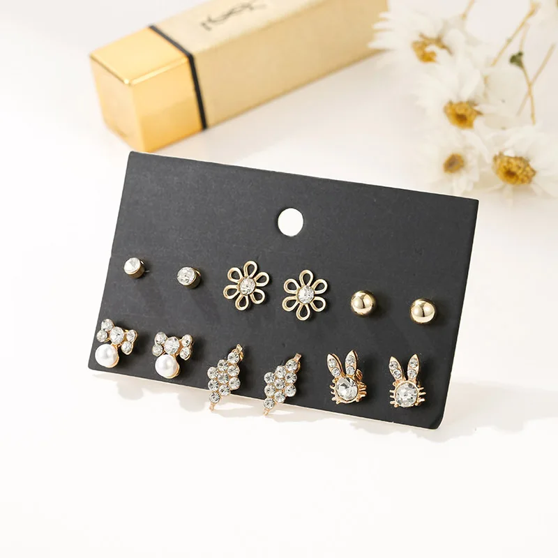 

6 Pairs of Pearl Earrings for Women Geometric Crystal Flower Unusual Stud Earring Set Fashion 2020 Trend New Party Jewelry Gifts