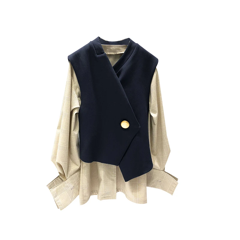 

Europen Design Elegant style Panelled Patchwork faux Two Piece Shirt Blusas streetwear Women Blouse