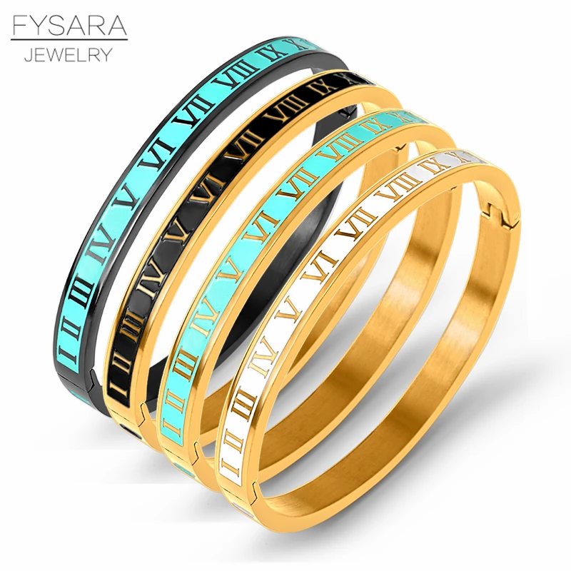 

FYSARA Vintage Roman Letter Bangles & Bracelets For Women Black Gold Numeral Color Charm Cuff Bangles Stainless Steel Jewelry