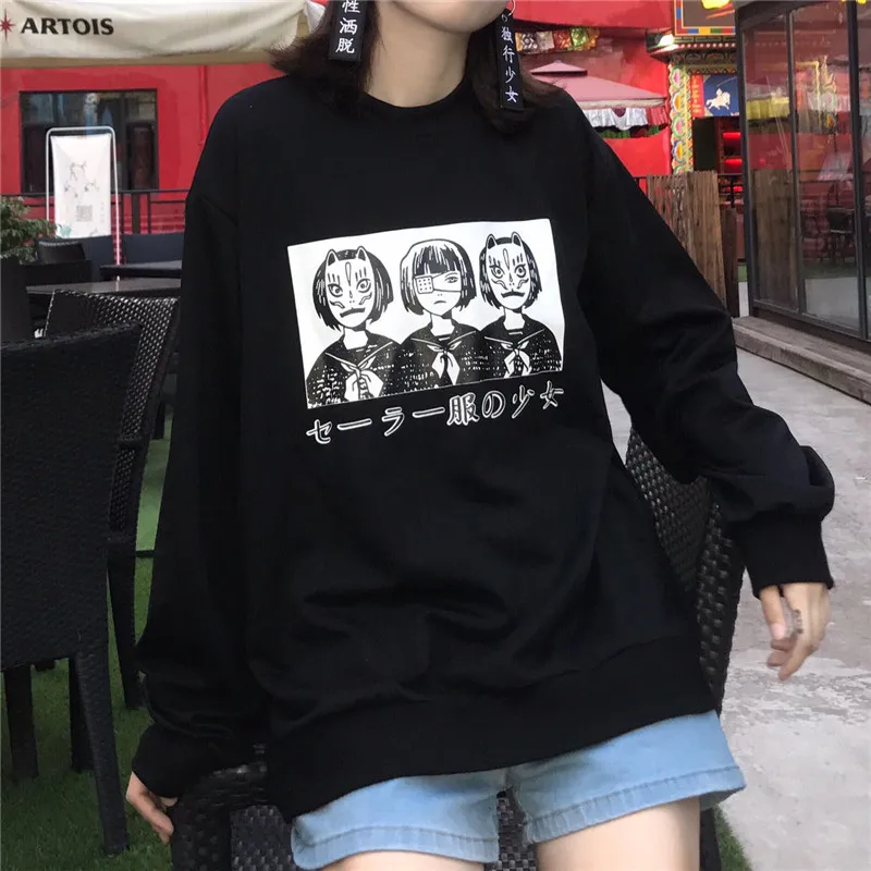 Kpop Япония Стиль аниме принтом Свитшот Харадзюку женские 3 девочки черные