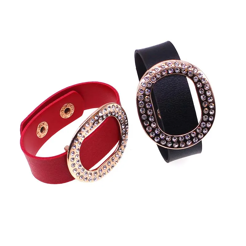 

D&D Punk Black Bracelets Big Crystal Round Leather Bangle Bracelet Wristband Metal For Woman Party Gift Wholesale