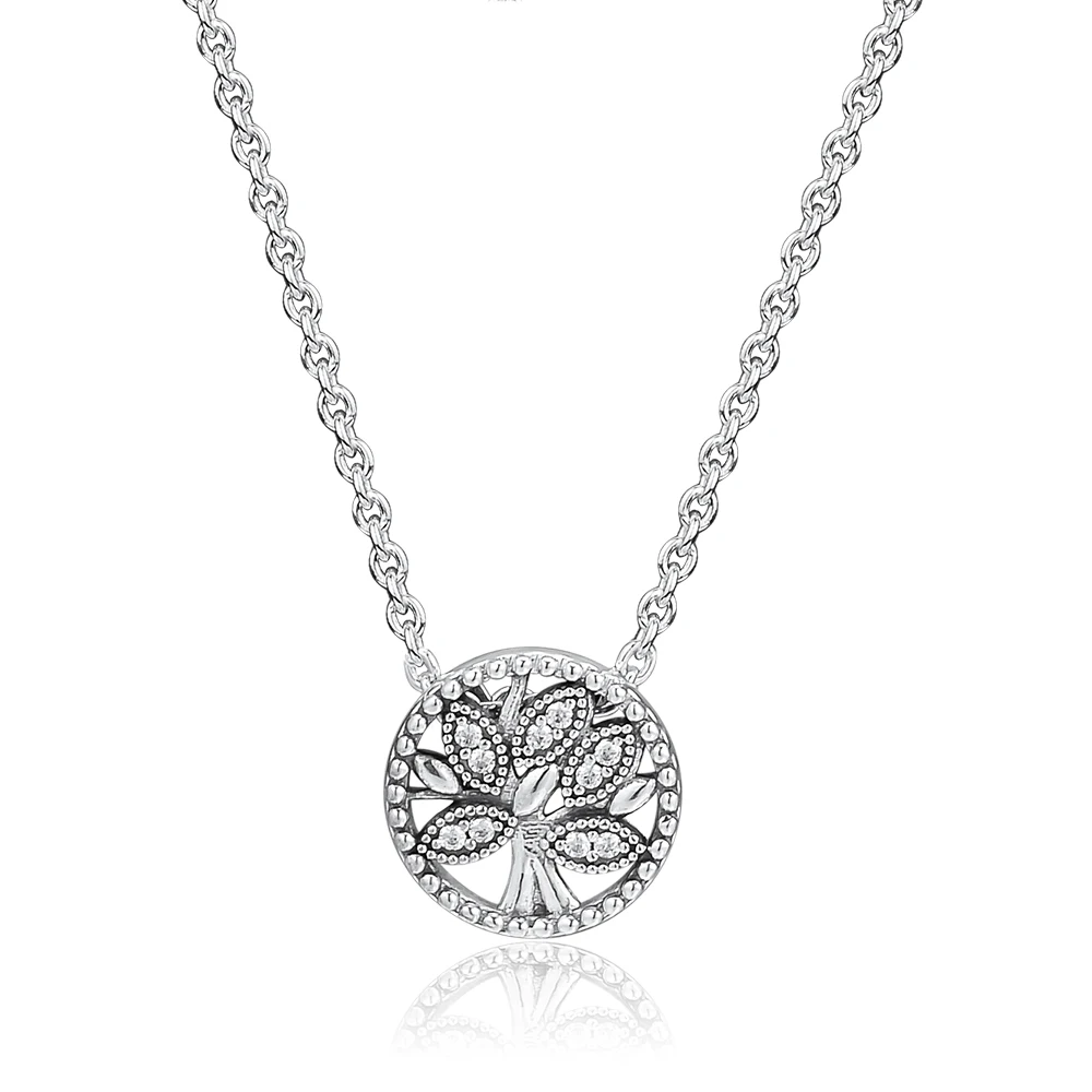 

925 Sterling Silver Sparkling Family Tree Necklace For Women Chain Collier Pendant Necklace 45cm Fashion Fine Jewelry Gift