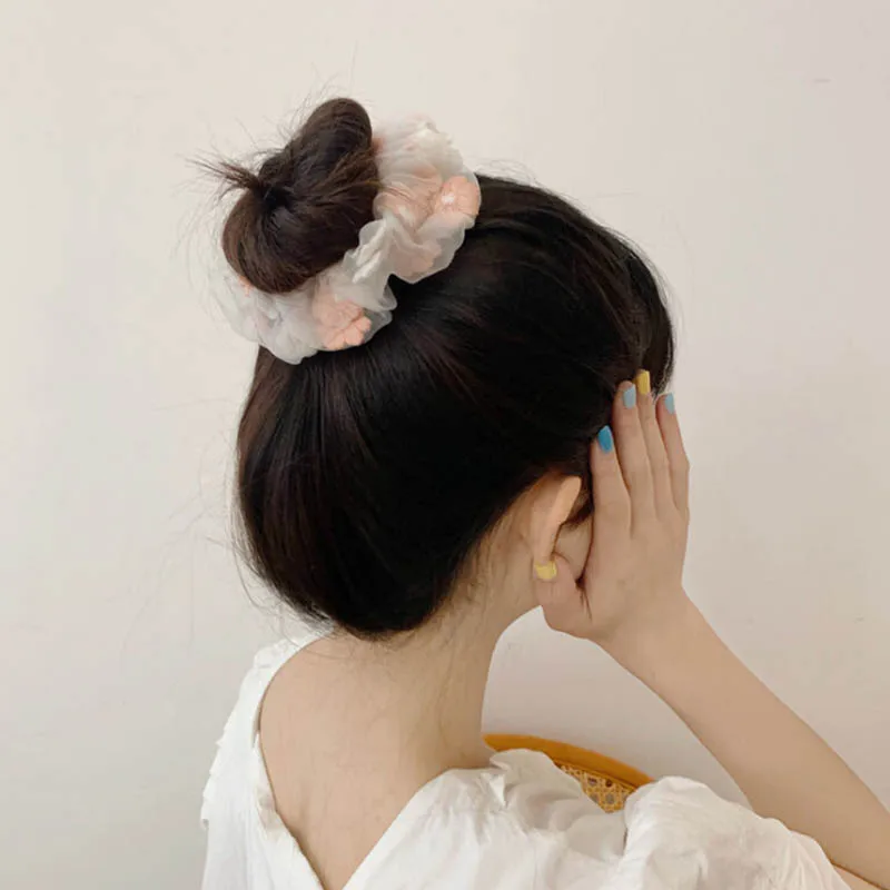 

Gauze 2Pcs/Pack Korean Style Large Intestine for Girl Women Nice Gift Ponytail Holder Embroidery Flowers