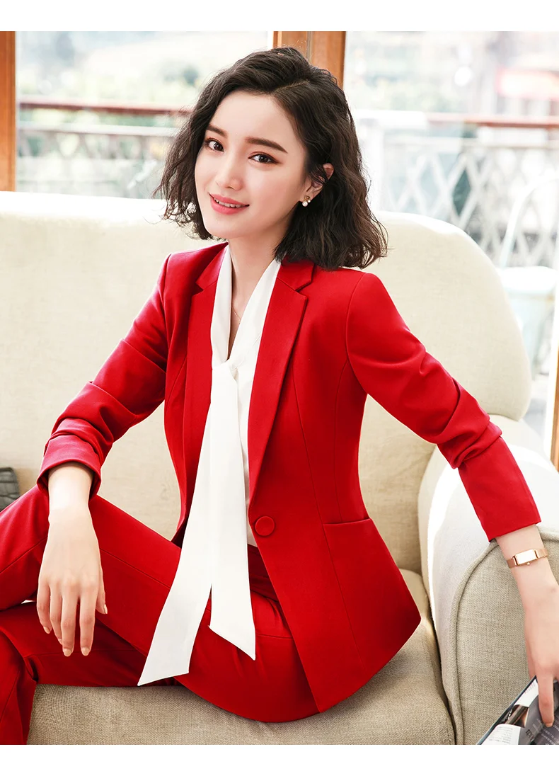 IZICFLY New Spring Autumn Red Formal Trouser With Blazer Set Uniform Designs For Women Office Elegant Business Pant Suits