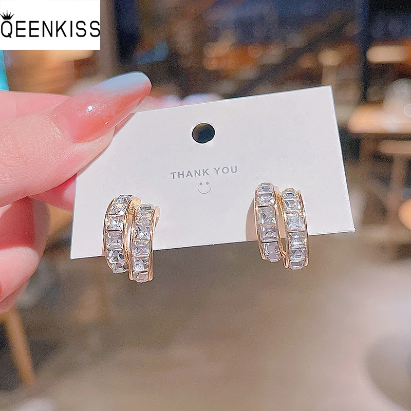 

QEENKISS EG7512 Fine Jewelry Wholesale Woman Girl Birthday Wedding Gift Double C Circle 925 Sterling Silver Needle Stud Earrings