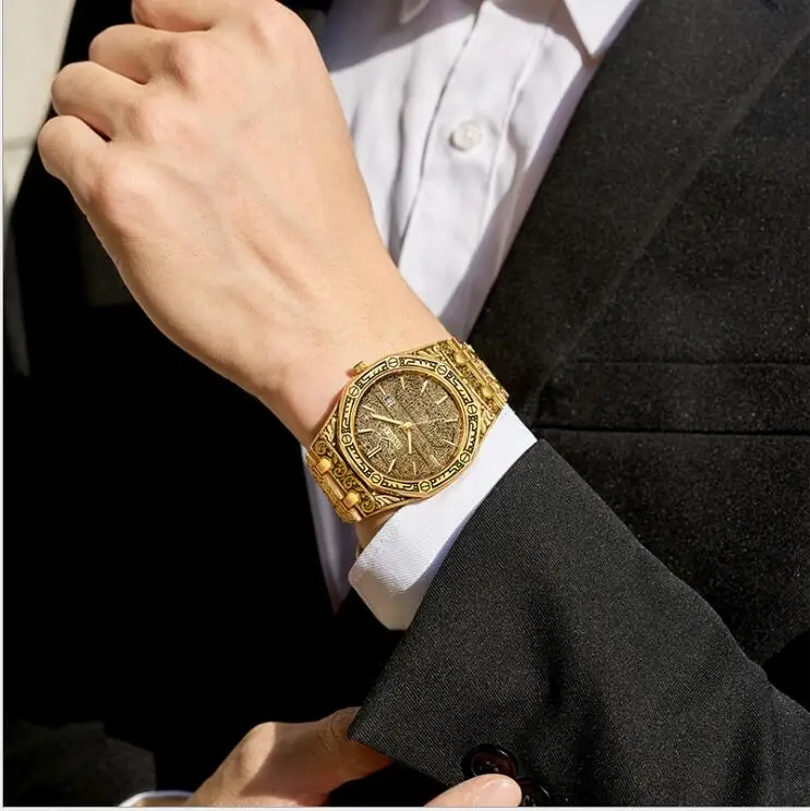 Для мужчин часы аналоговые кварцевые модные роскошные золотые