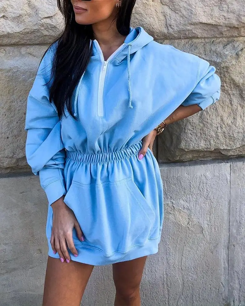 Повседневное однотонное платье толстовка с капюшоном женское Спортивное