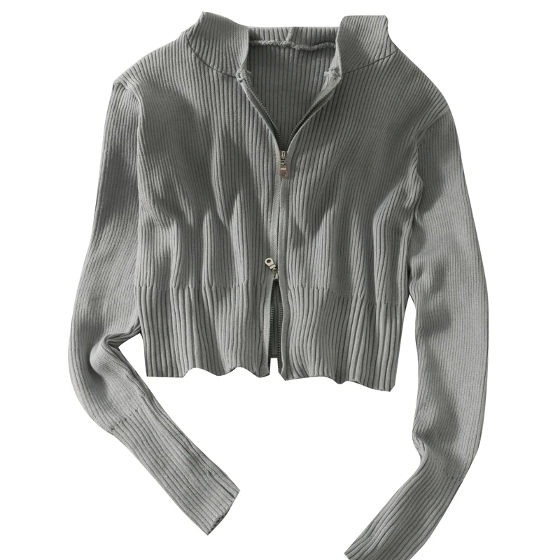 

Autumn New Striped Slim Short Section Hooded Knitted Zip Cardigan Long Sleeve Sweater