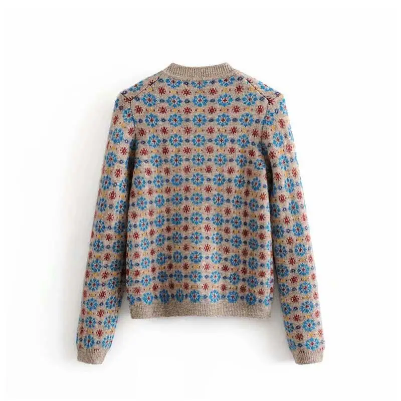 Женский вязаный кардиган с длинным рукавом винтажный свитер цветочным принтом в