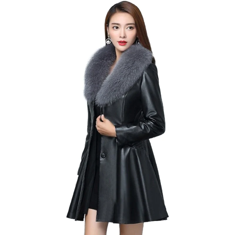 

2020 New Winter Women Leather Fur Jackets Female Cotton Padded Overcoat Imitate Fox Wool Outerwear Manteau Femme Hiver Faux 7XL