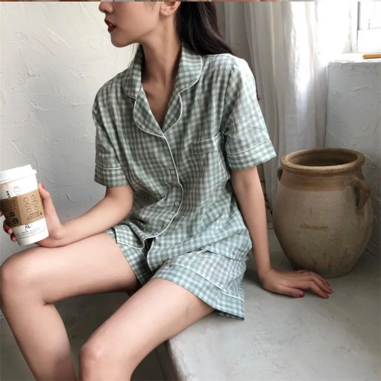 2021 New Comfortable Pajamas Women's Short Sleeve Shorts Plaid Home Suit Female Sleepwear Sleeping Wear Lady Nightwear Lingerie